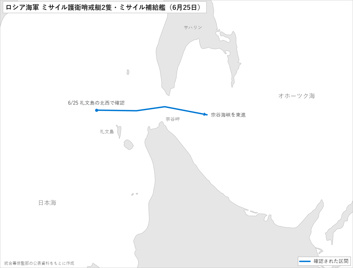 ロシア海軍のミサイル護衛哨戒艇2隻とミサイル補給艦の動き